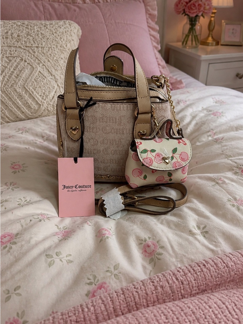 Juicy Couture Cream Crossbody Satchel with Pink Cherry Charm